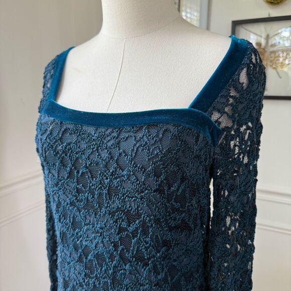 Free People Teal Lace Velvet Trim Long Sleeve Mini Dress M - Picture 4 of 11
